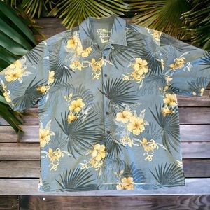 Men’s Extra Large Hawaiian Shirt Blue w Palm Leaves white flowers XL 100% silk